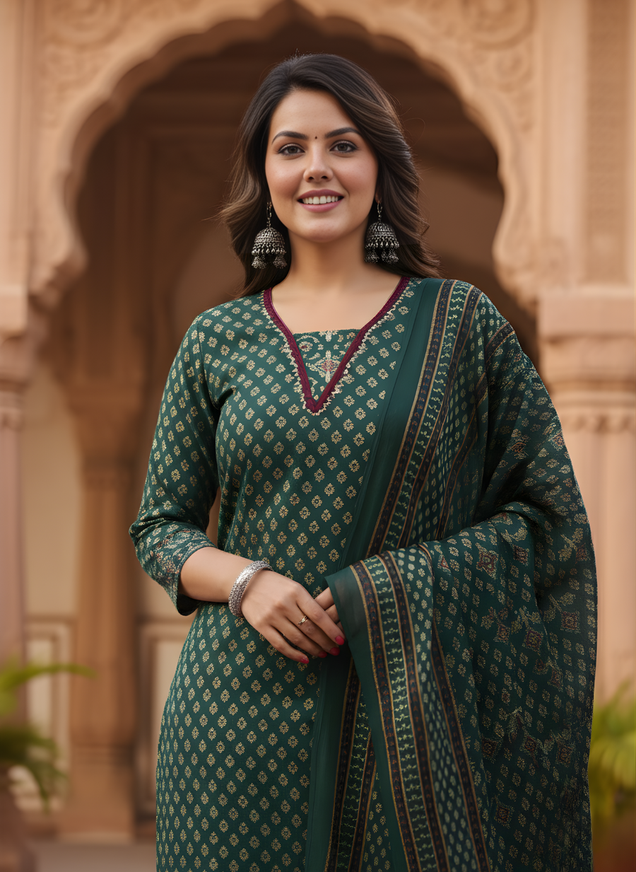 Aaronee Green Bandhani Cotton Kurta Dupatta Set