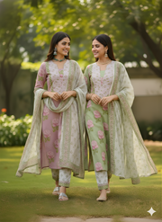 Pastel Green Floral Print Pure Cotton Kurta Set with Dupatta – Elegant Ethnic Wear by Aaronee