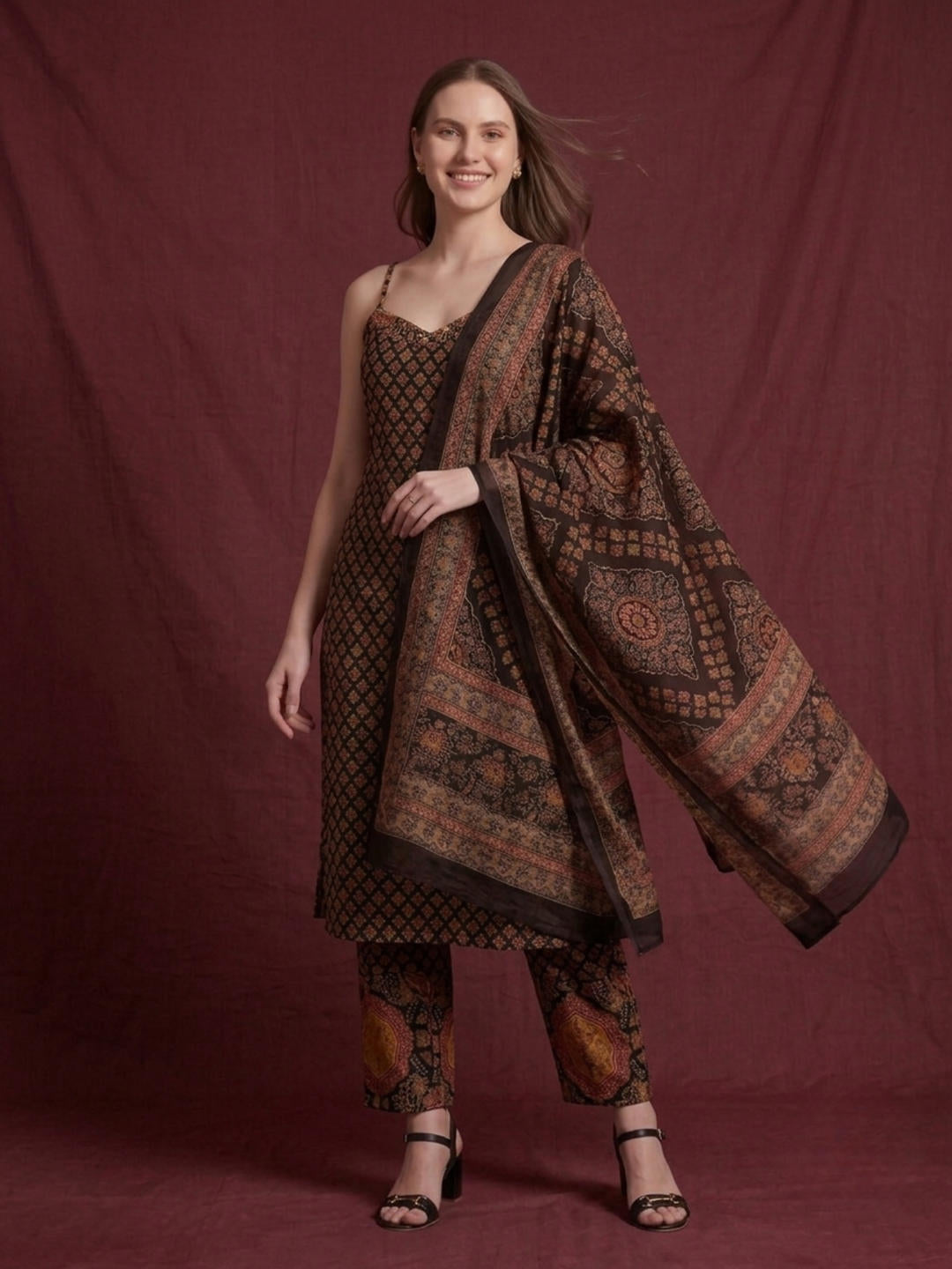 Aaronee Black Ethnic Printed Sleeveless Kurta Set with Dupatta