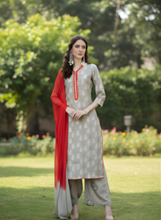 Grey & Red Elegance Kurta Set for Women