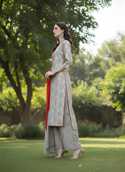 Grey & Red Elegance Kurta Set for Women