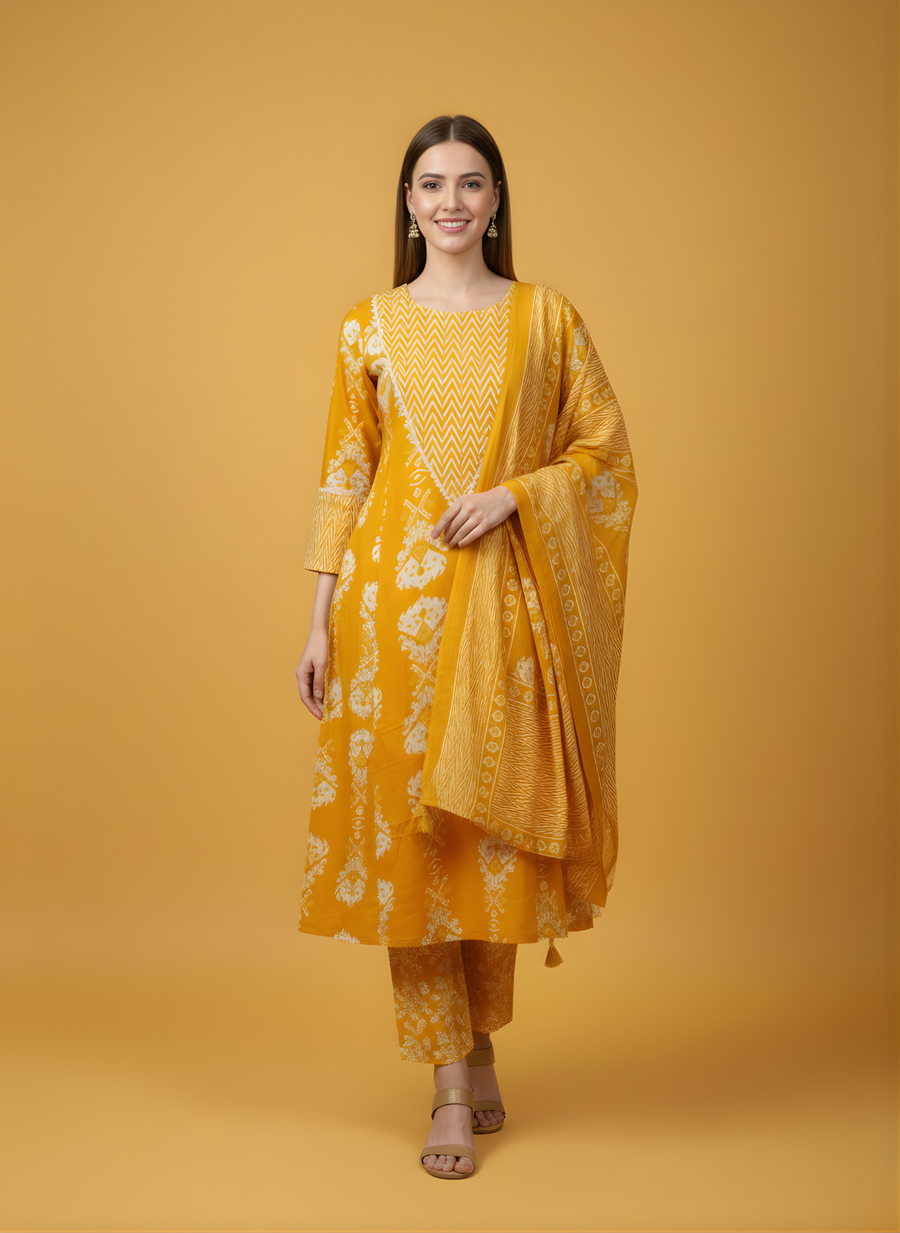 Aaronee mustard yellow pure cotton kurta dupatta set front view