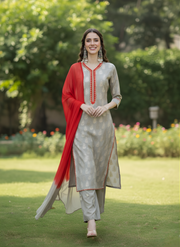 Grey & Red Elegance Kurta Set for Women