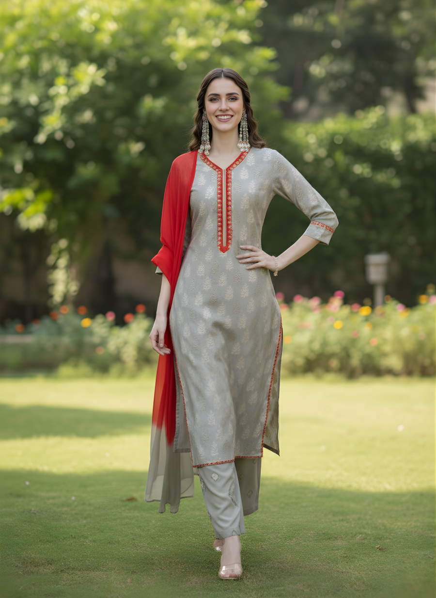 Grey & Red Elegance Kurta Set for Women