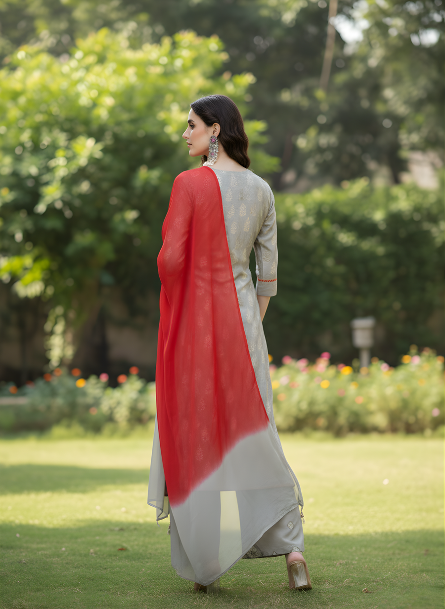Grey & Red Elegance Kurta Set for Women