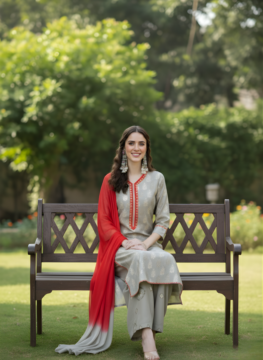 Grey & Red Elegance Kurta Set for Women