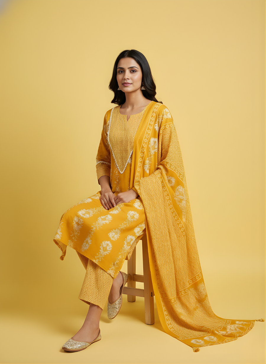 Aaronee designer mustard cotton ethnic outfit
