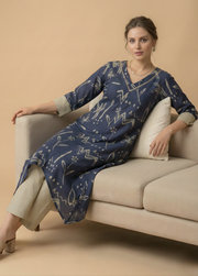 Navy Blue Abstract Print Cotton Kurti Set with Pants – Contemporary Women Ethnic Wear by Aaronee