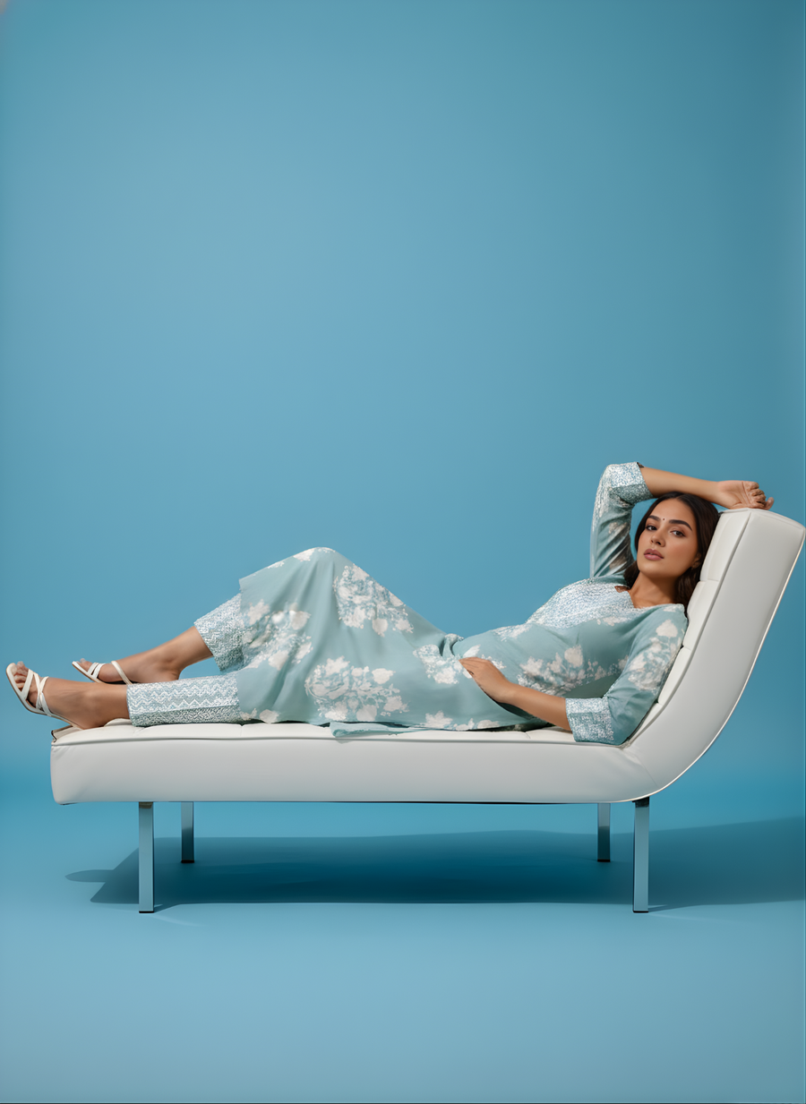 Sea Green Printed Cotton Kurta Pant Set for Women – Aaronee Pure Cotton Collection