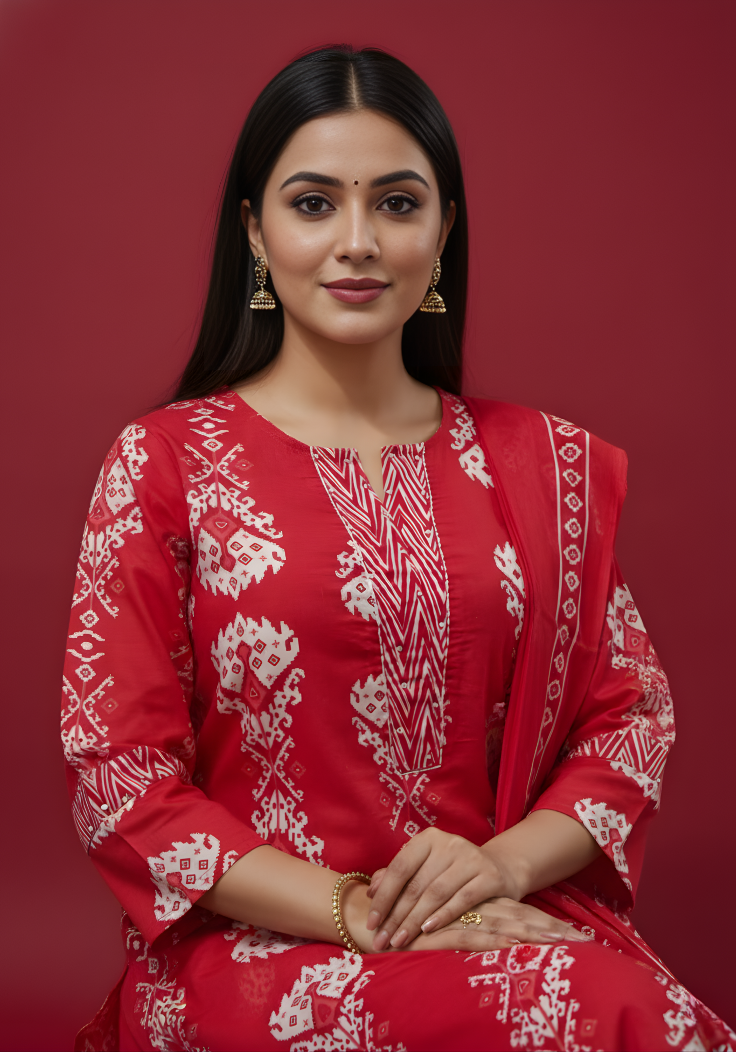 Aaronee red pure cotton kurta dupatta set front view