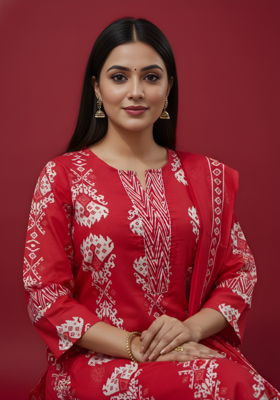 Aaronee red pure cotton kurta dupatta set front view