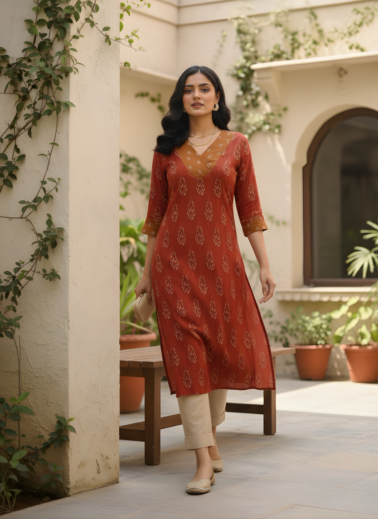Rust Brown Ethnic Printed Mul Cotton Kurti with Lining – Elegant Women Ethnic Wear by Aaronee