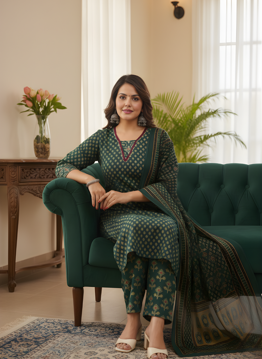 Green Printed Pure Cotton Kurta for Women