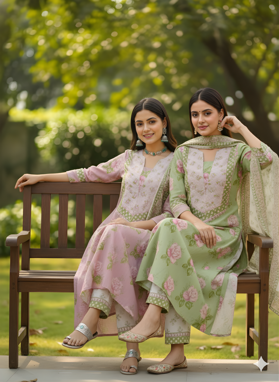 Pastel Green Floral Print Pure Cotton Kurta Set with Dupatta – Elegant Ethnic Wear by Aaronee