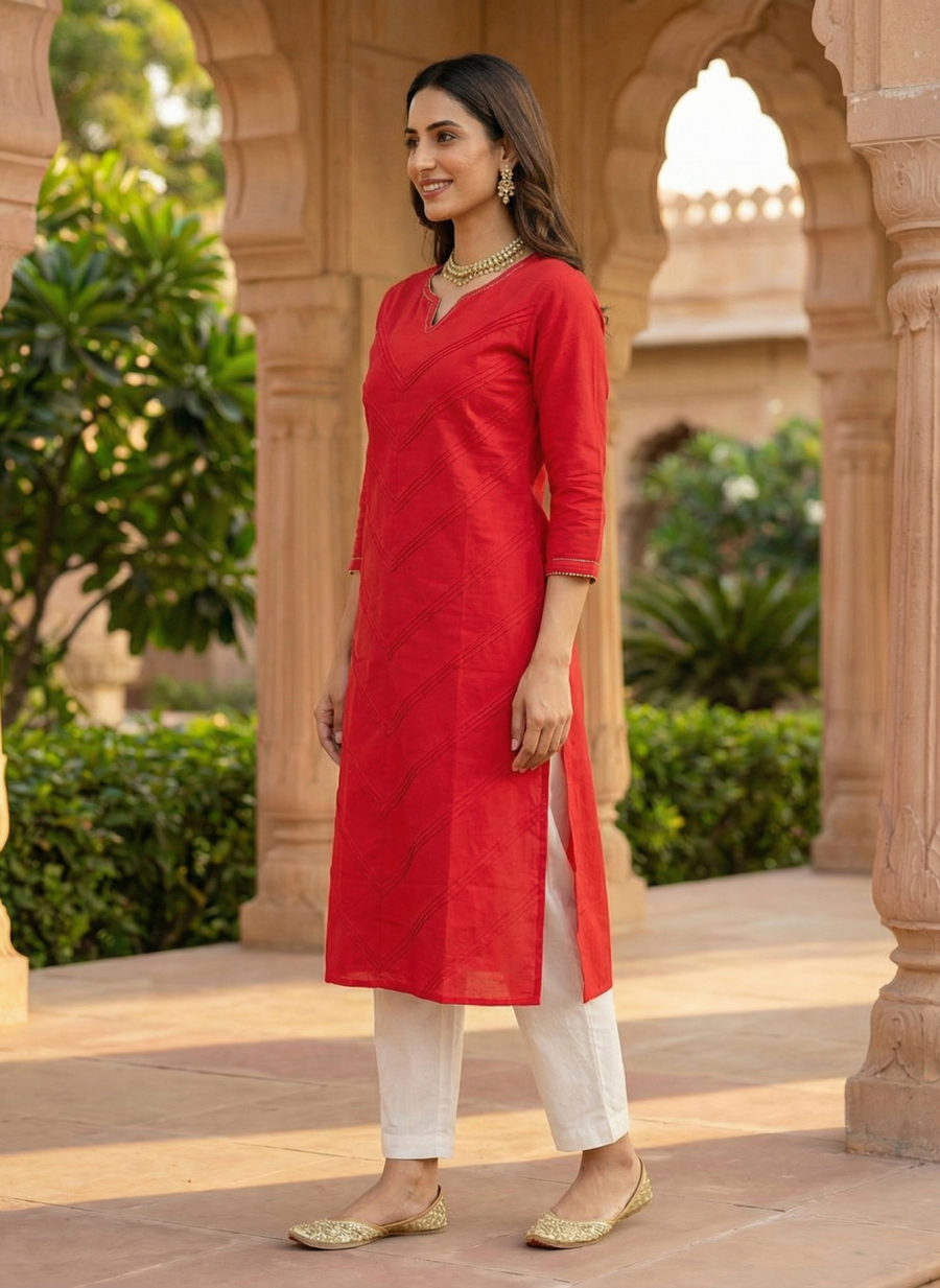 Aaronee Red Pure Cotton Embroidered Long Straight Kurti for Women | Festive & Office Wear Elegance