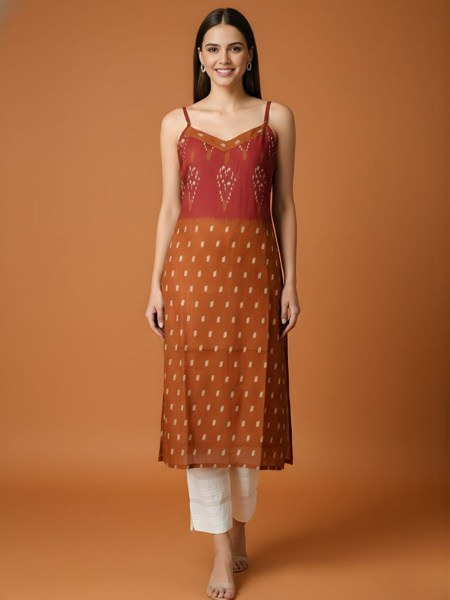 Aaronee Rust Brown Printed Pure Mul Cotton Kurti with Lining