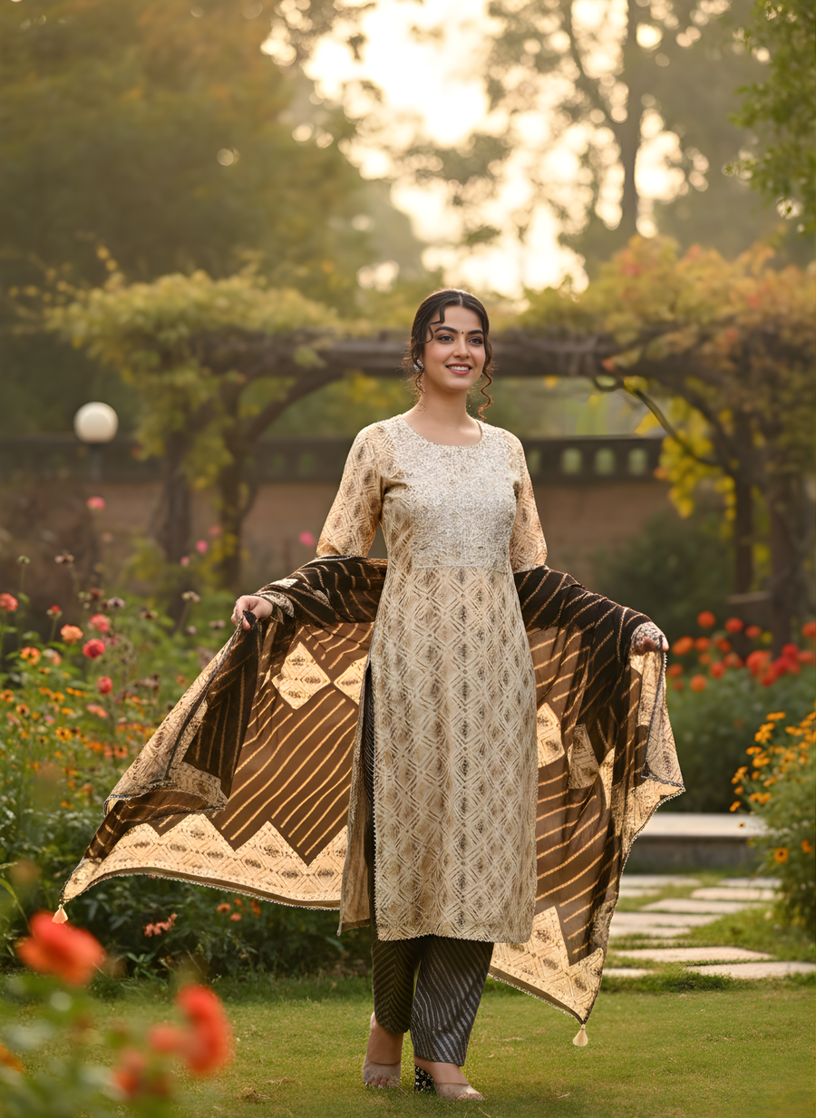 Printed Embroidery Kurta Set for Women with Dupatta : Artistry in Rayon