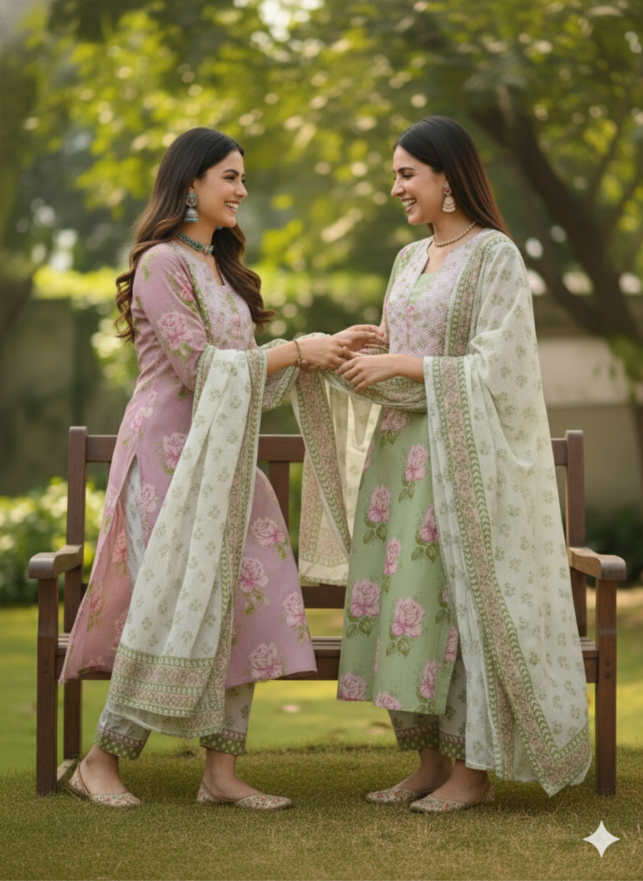 Pastel Green Floral Print Pure Cotton Kurta Set with Dupatta – Elegant Ethnic Wear by Aaronee