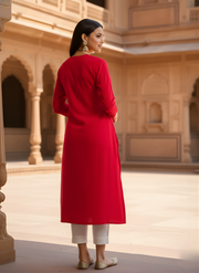 Aaronee Red Pure Cotton Embroidered Long Straight Kurti for Women | Festive & Office Wear Elegance