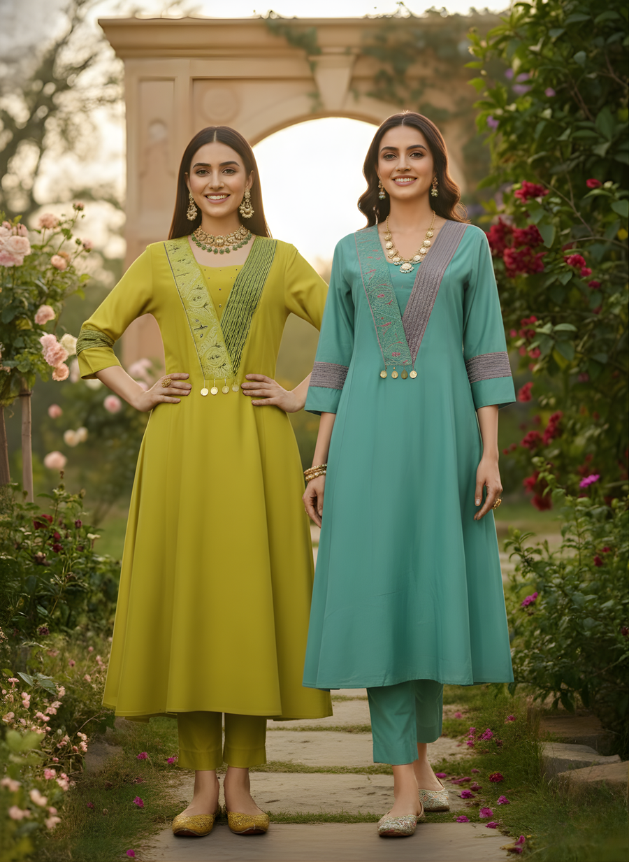 Mul Chanderi Kurta Set with Embroidery