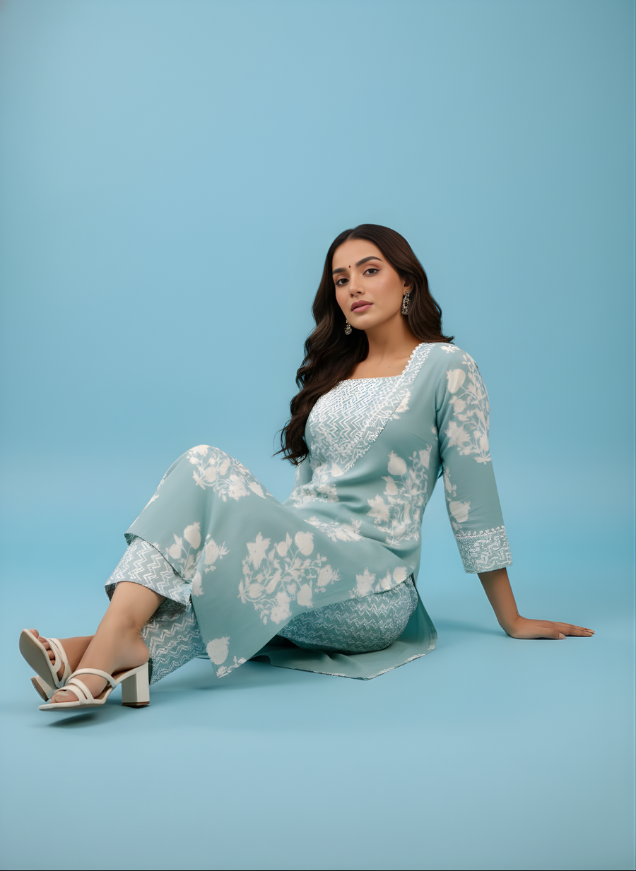Sea Green Printed Cotton Kurta Pant Set for Women – Aaronee Pure Cotton Collection
