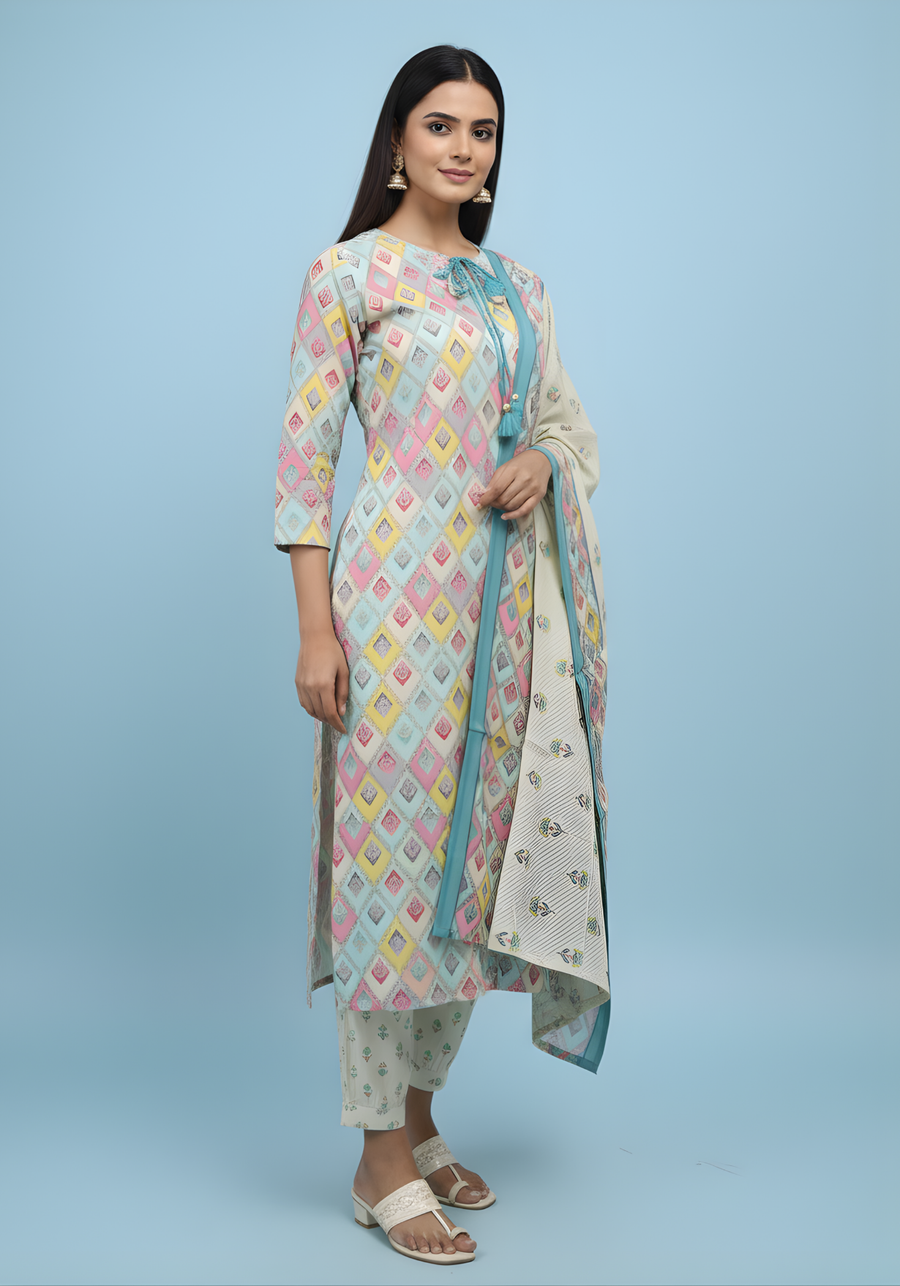 Elegant Multicolor Printed Kurta Set for Women with Dupatta