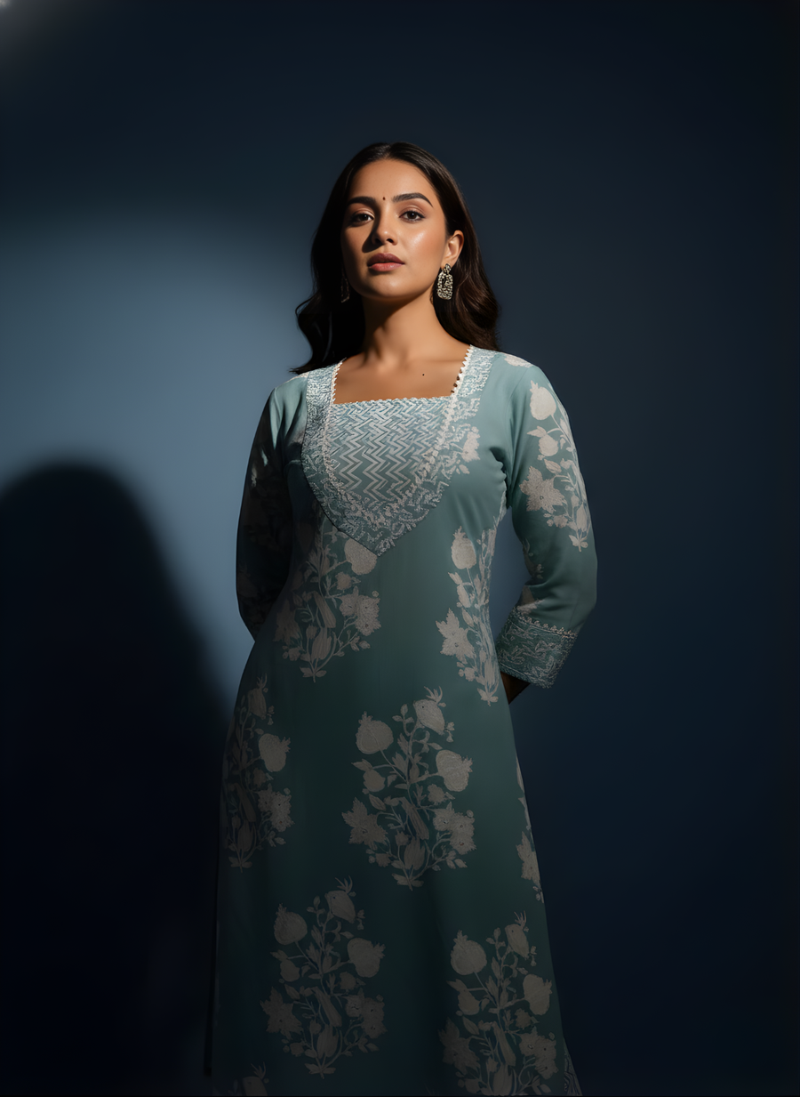 Sea Green Printed Cotton Kurta Pant Set for Women – Aaronee Pure Cotton Collection