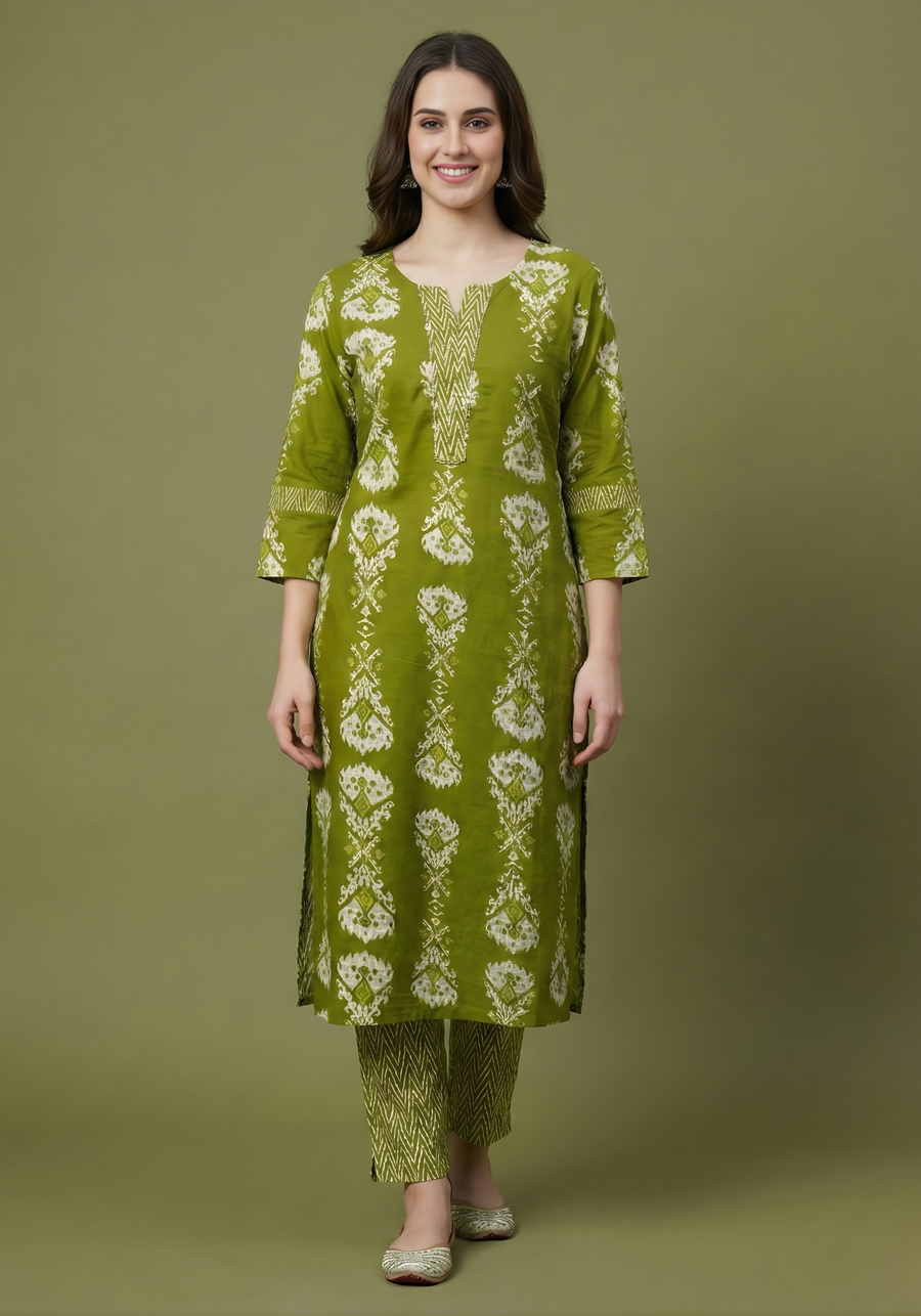 Aaronee Green Pure Cotton Printed Kurta Dupatta Set for Women – Classic Ethnic Wear