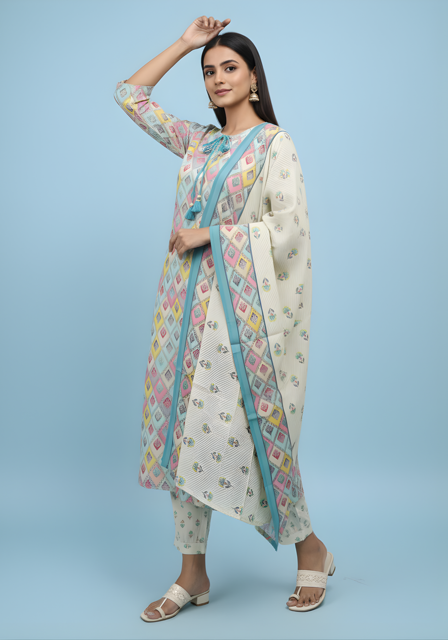 Elegant Multicolor Printed Kurta Set for Women with Dupatta