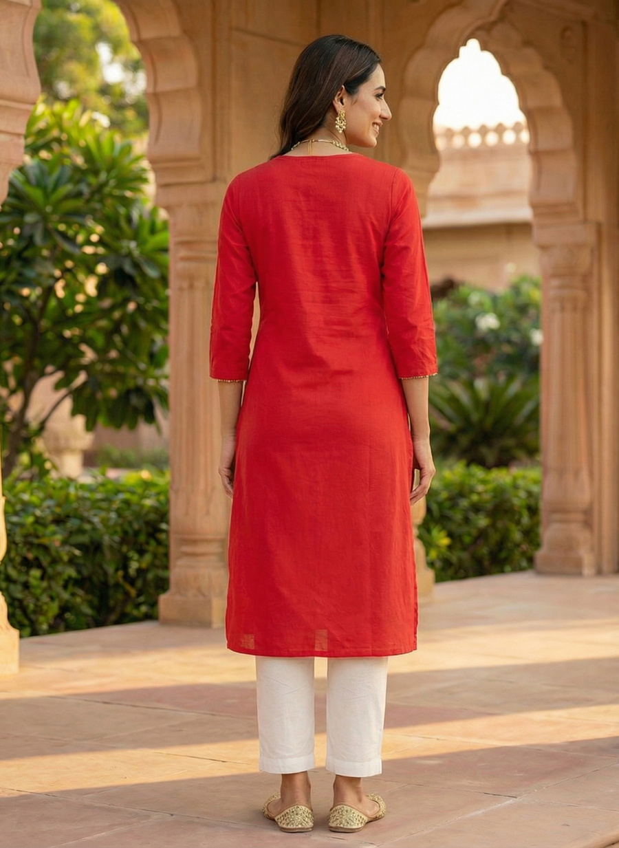 Aaronee Red Pure Cotton Embroidered Long Straight Kurti for Women | Festive & Office Wear Elegance