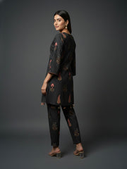 Aaronee Black Floral Striped Pure Cotton Kurta Pant Set for Women