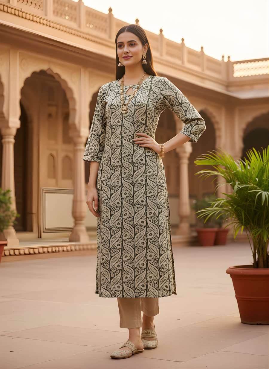 Aaronee Black & Beige Pure Cotton Ethnic Printed Long Straight Kurti