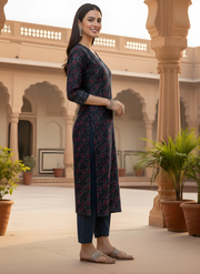 Aaronee Pure Cotton Printed Kurta for Women – Navy Blue Ethnic Daily Wear Ensemble