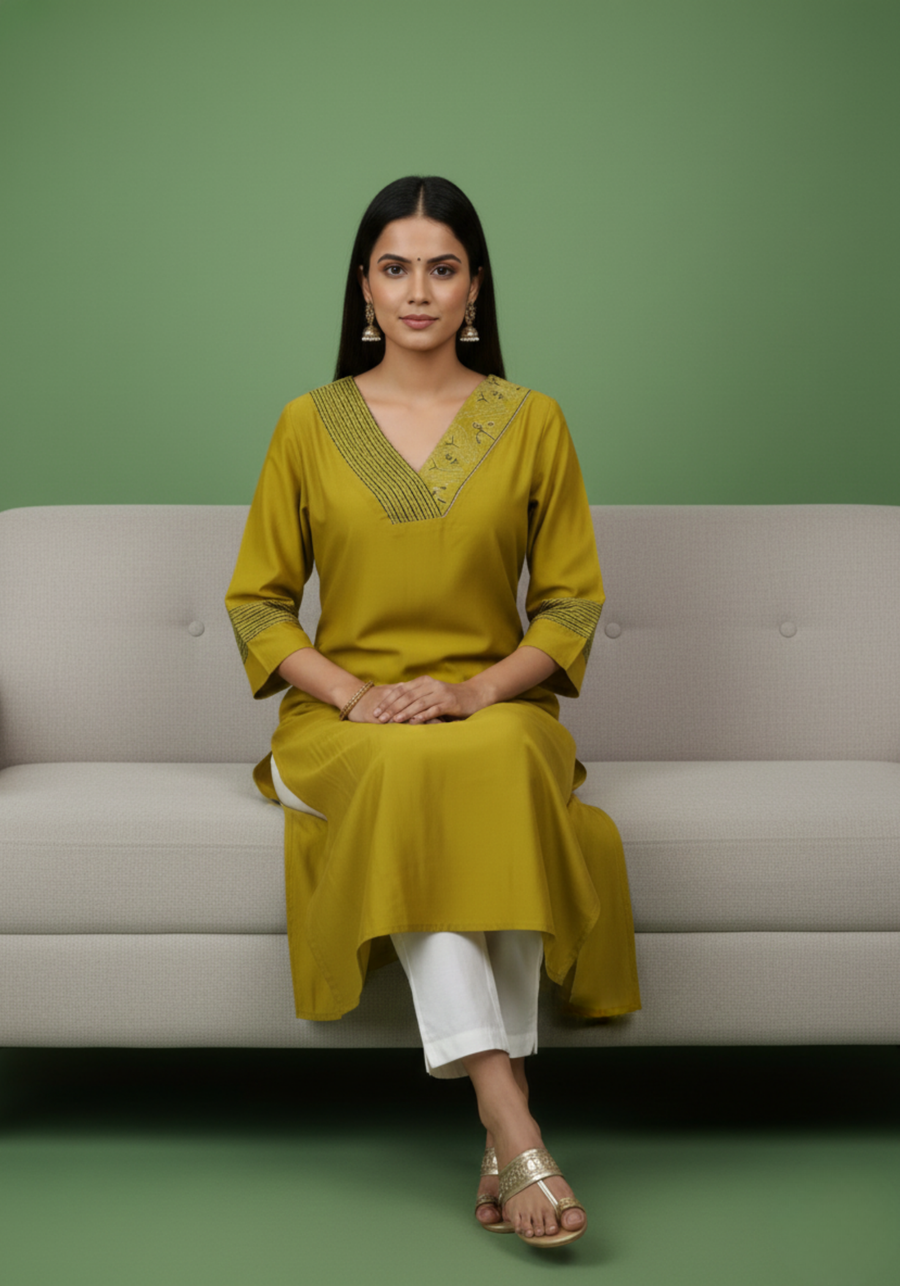 Aaronee Mustard Mul Chanderi Embroidered Kurti for Women