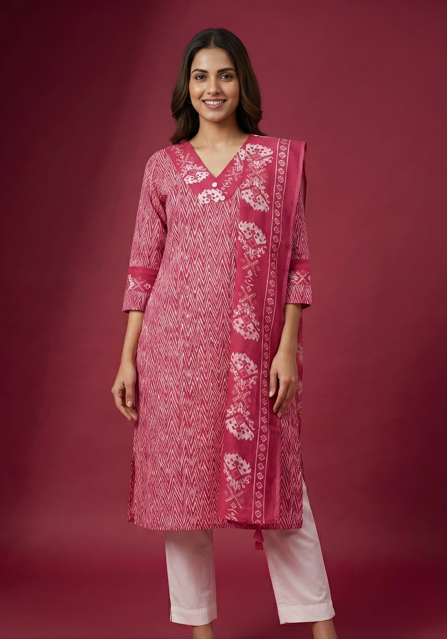Aaronee Rose Pink Pure Cotton Kurti Dupatta Set for Women
