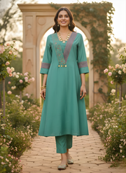 Teal Green Roman Silk Kurta Set – Elegant Festive Wear with Embroidered Detail by Aaronee