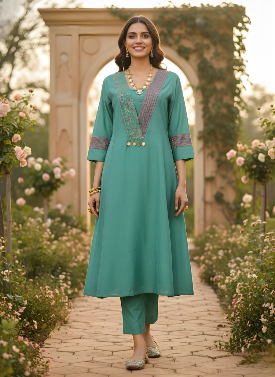 Teal Green Roman Silk Kurta Set – Elegant Festive Wear with Embroidered Detail by Aaronee