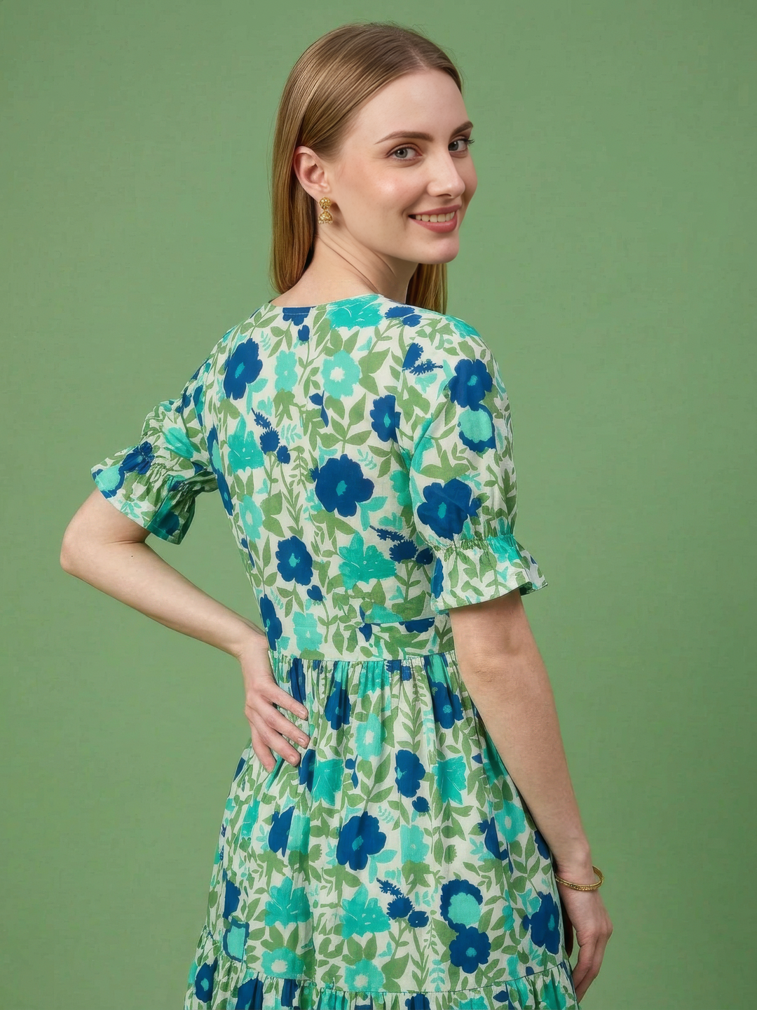 Women's botanical print cotton tiered dress