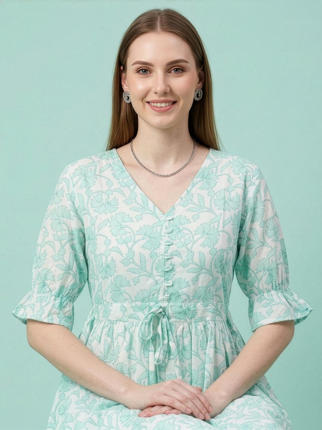 Premium pure cotton botanical print midi dress