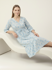 V-neck tiered cotton midi dress in sky blue