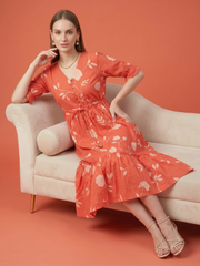 V-neck tiered cotton midi dress in orange