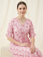 Women's casual light pink, premium cotton midi dress