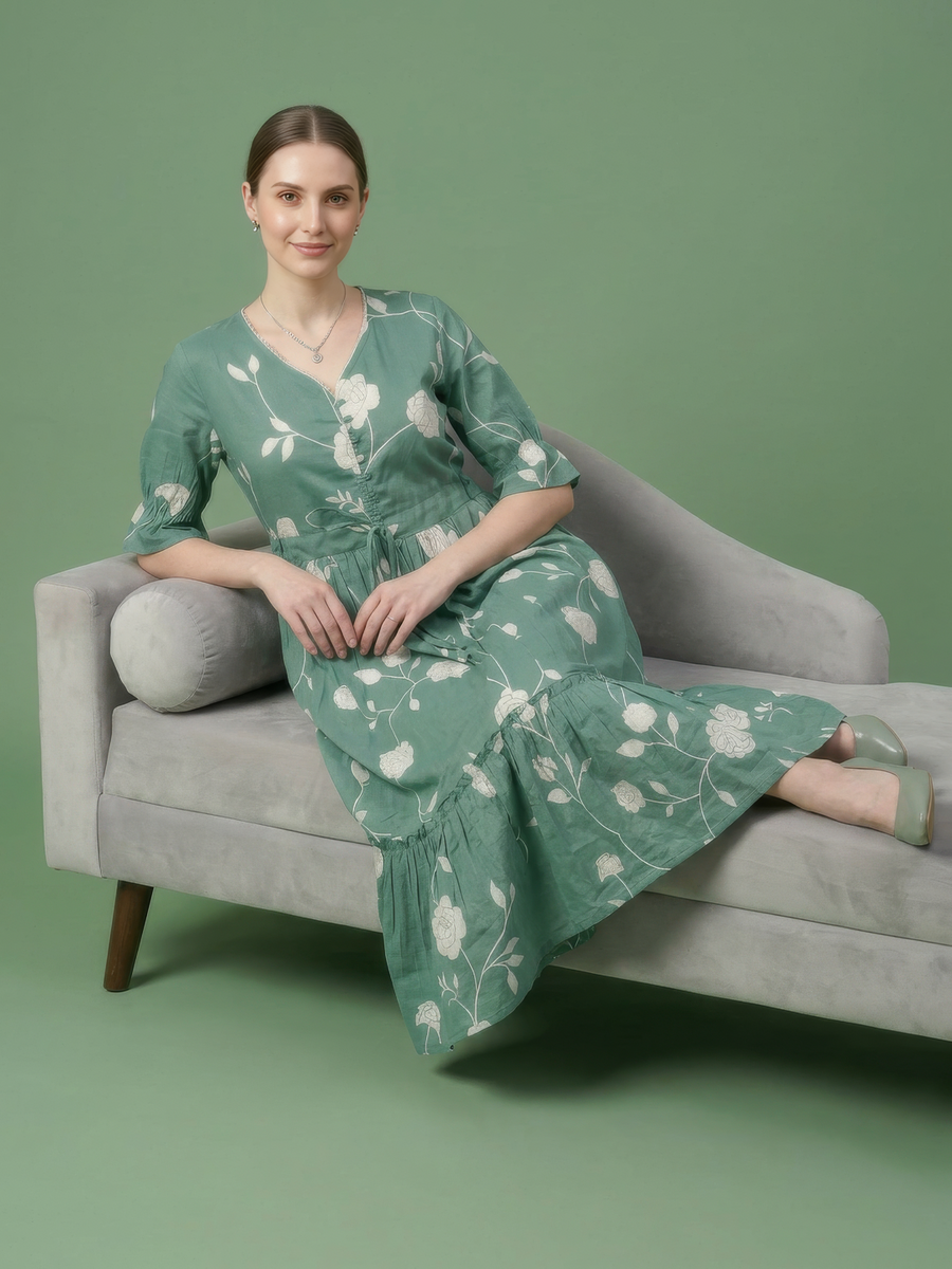 V-neck tiered cotton midi dress in green