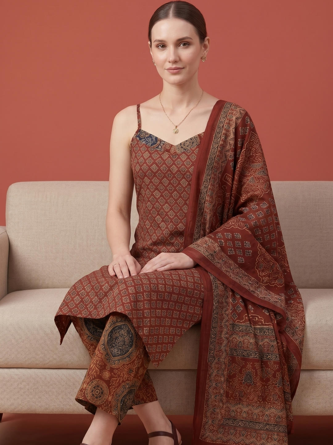 Women's Red Ethnic Printed Kurta Set