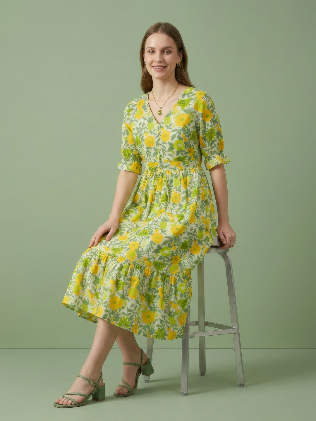 Women's premium cotton dress with yellow flower print