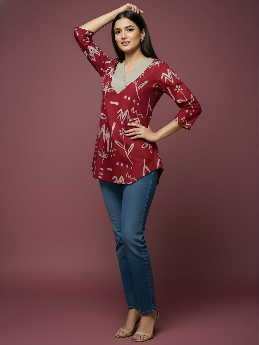 Aaronee maroon pure cotton printed women top