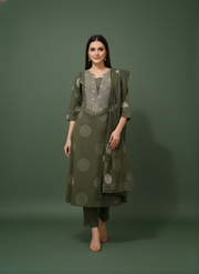 Aaronee olive green pure cotton kurta dupatta set front view