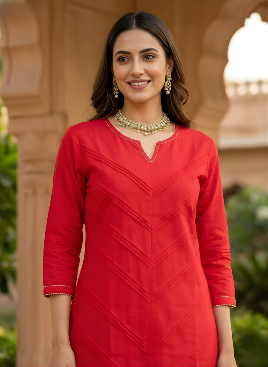 Aaronee Red Pure Cotton Embroidered Long Straight Kurti for Women | Festive & Office Wear Elegance