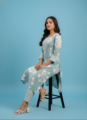 Sea Green Printed Cotton Kurta Pant Set for Women – Aaronee Pure Cotton Collection