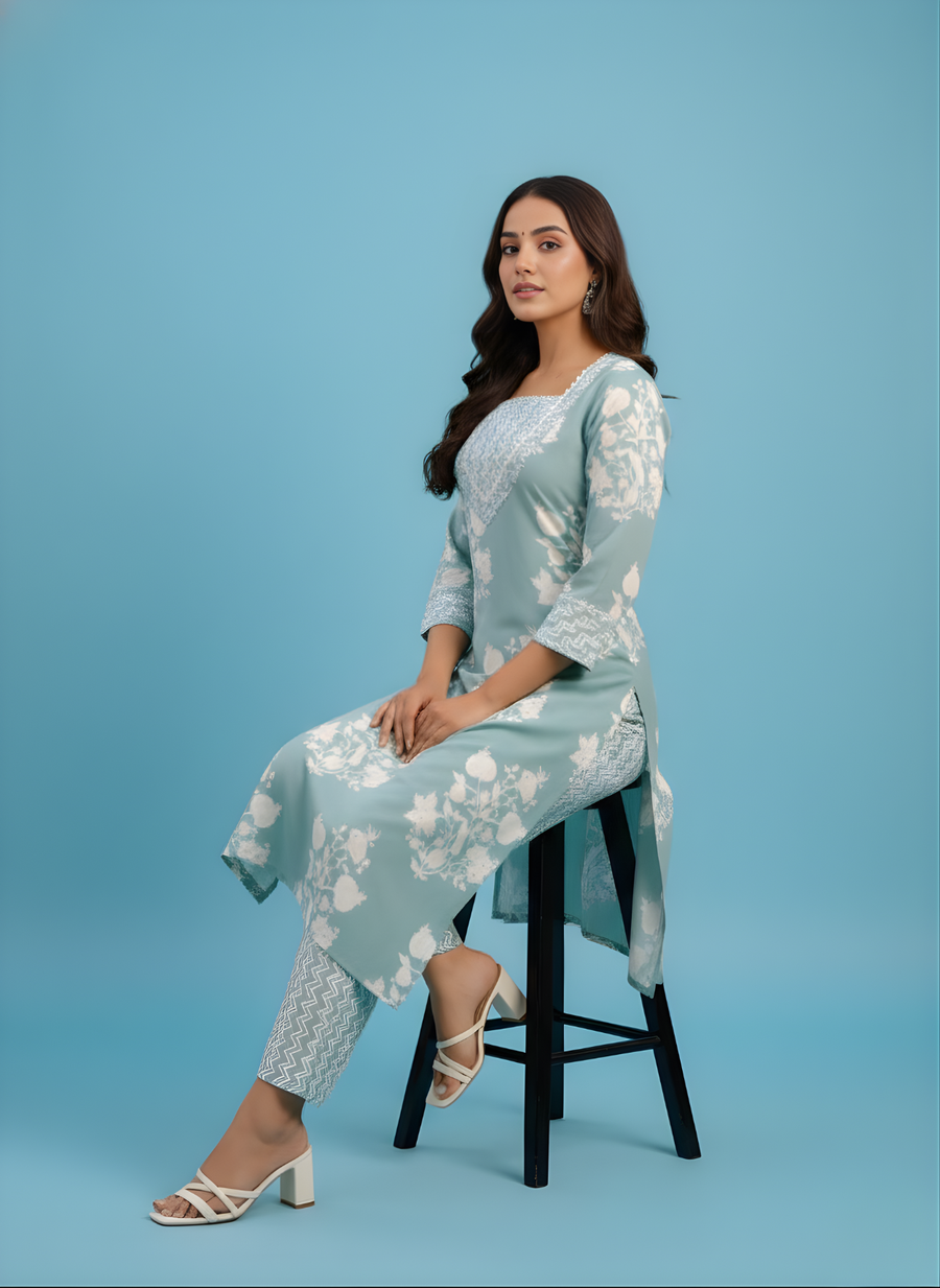 Sea Green Printed Cotton Kurta Pant Set for Women – Aaronee Pure Cotton Collection